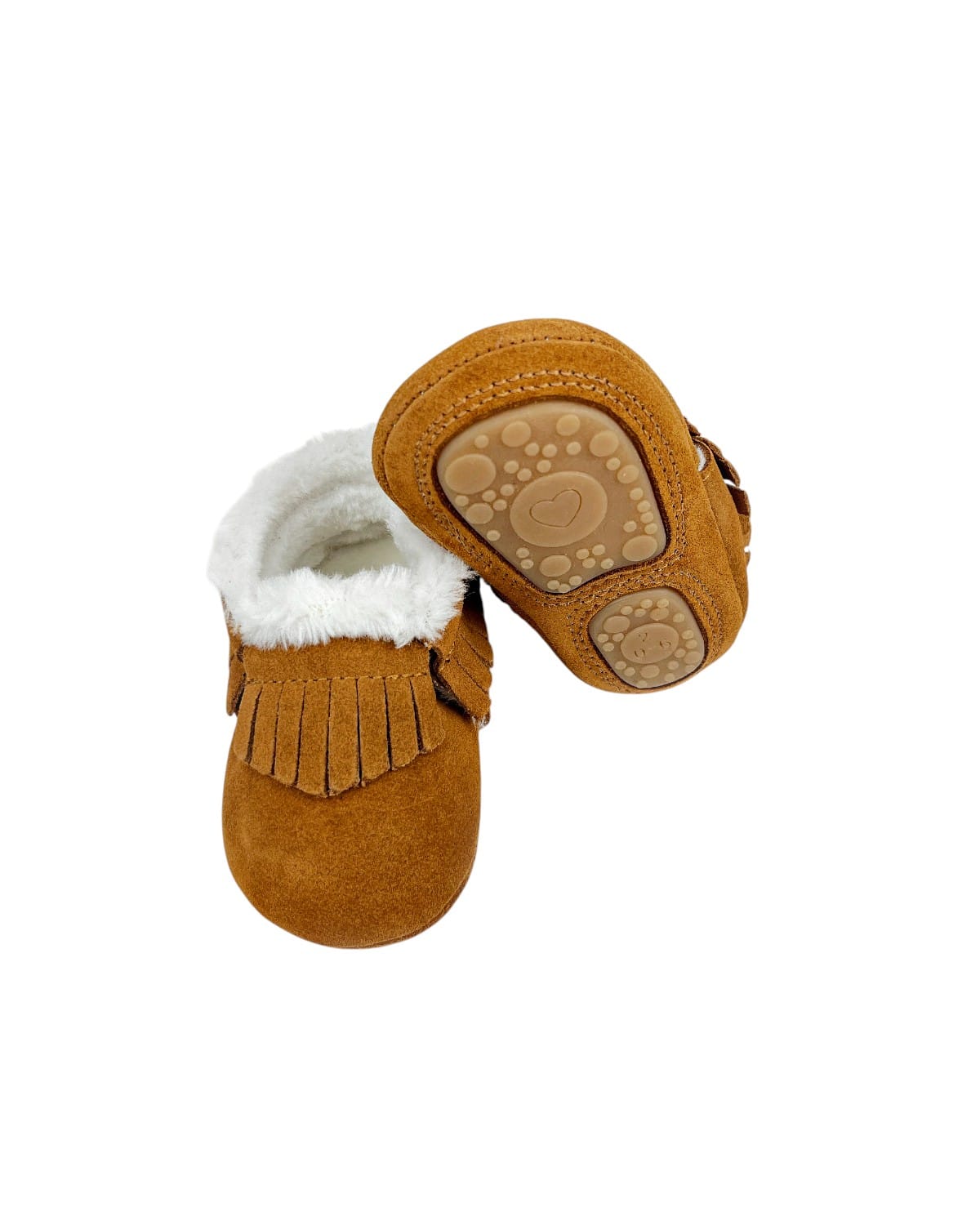 Botines bebé gamuza flecos mostrando suela flexible