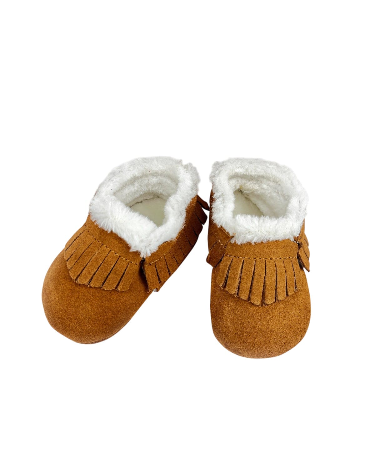 Botines bebé de gamuza caramelo con flecos, vista frontal