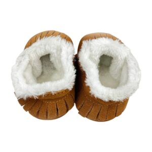 Botines bebé gamuza caramelo con forro sherpa visible, vista superior