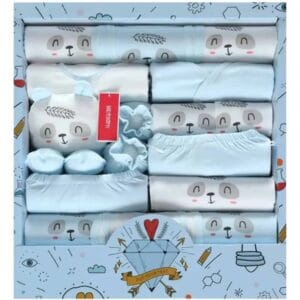 Set ajuar bebé Panda Celeste de 16 piezas con ropa, mantas y caja regalo