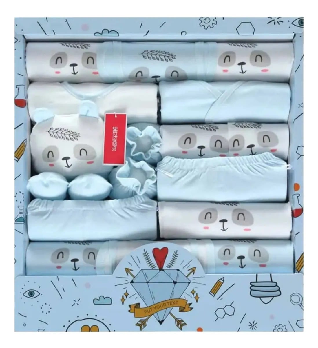 Set ajuar bebé Panda Celeste de 16 piezas con ropa, mantas y caja regalo