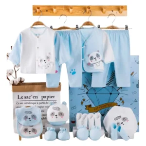 Chaquetas y pantalones de algodón 100 % incluidos en el ajuar Panda Celeste