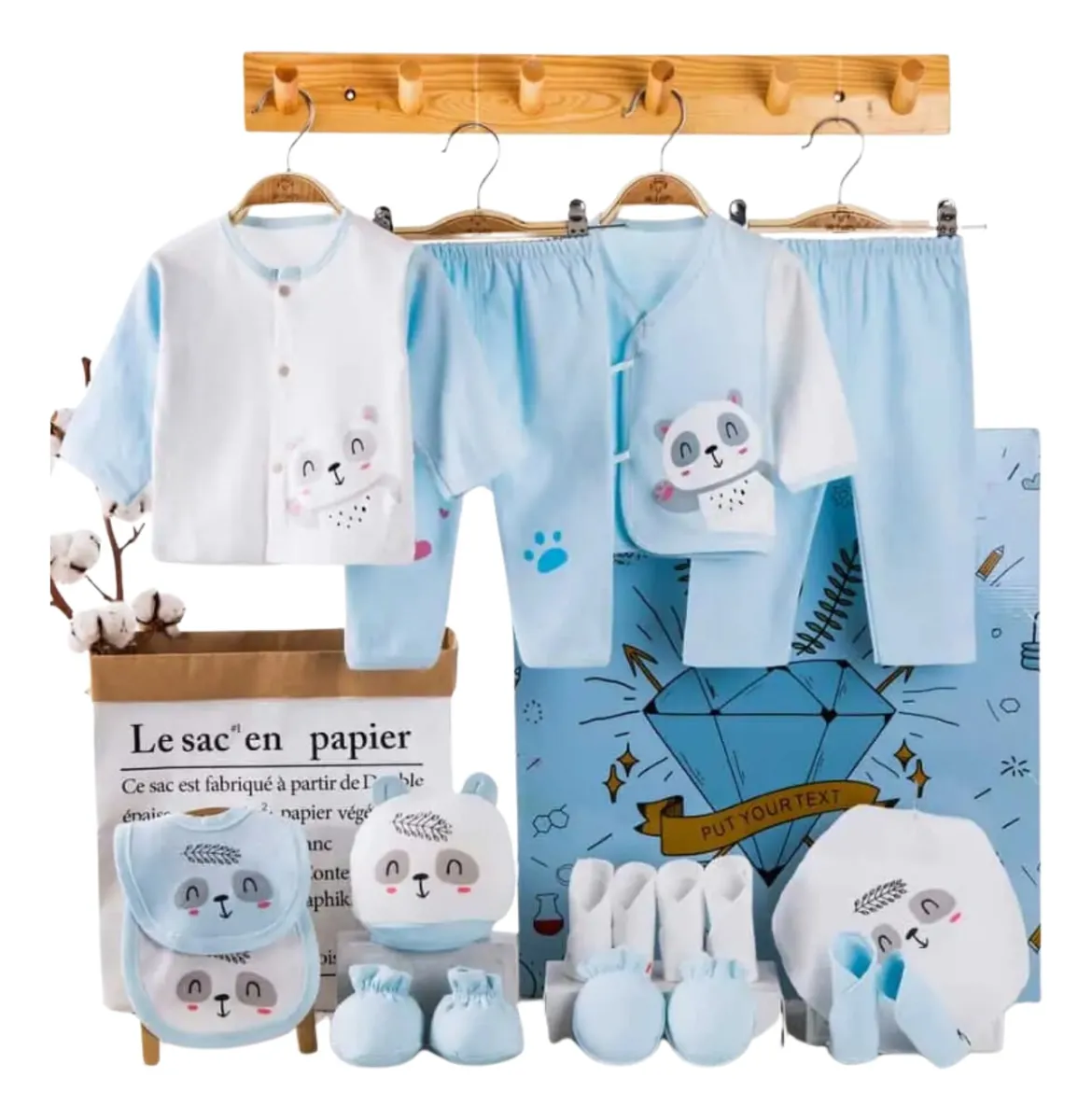 Chaquetas y pantalones de algodón 100 % incluidos en el ajuar Panda Celeste