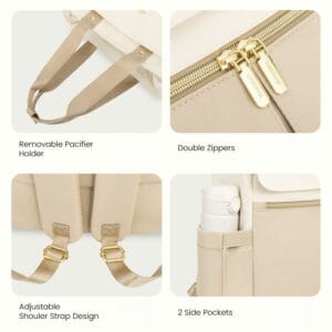 bolso-maternal-2en1-beige-detalle-cierres-dorados Primer plano de los cierres y costuras para destacar la calidad.