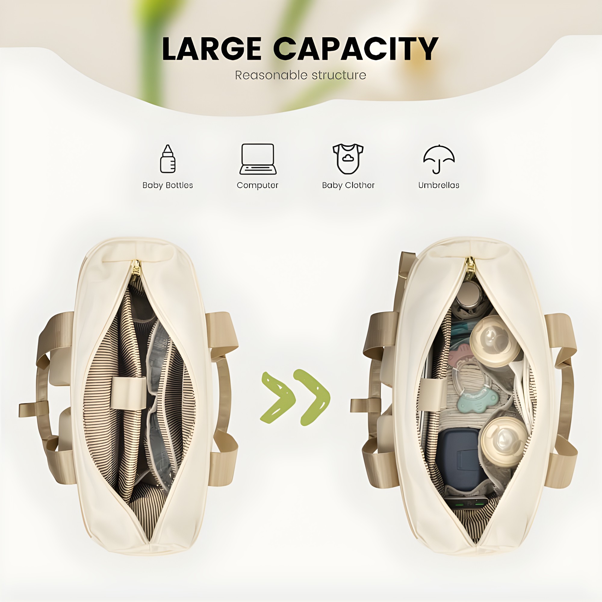 Gran capacidad del bolso maternal beige: mamaderas, ropa y pañales organizados