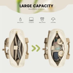 bolso-maternal-2en1-beige-gran-capacidad-interior Gran capacidad del bolso maternal beige: mamaderas, ropa y pañales organizados