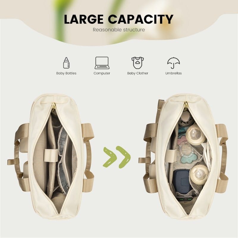 Gran capacidad del bolso maternal beige: mamaderas, ropa y pañales organizados