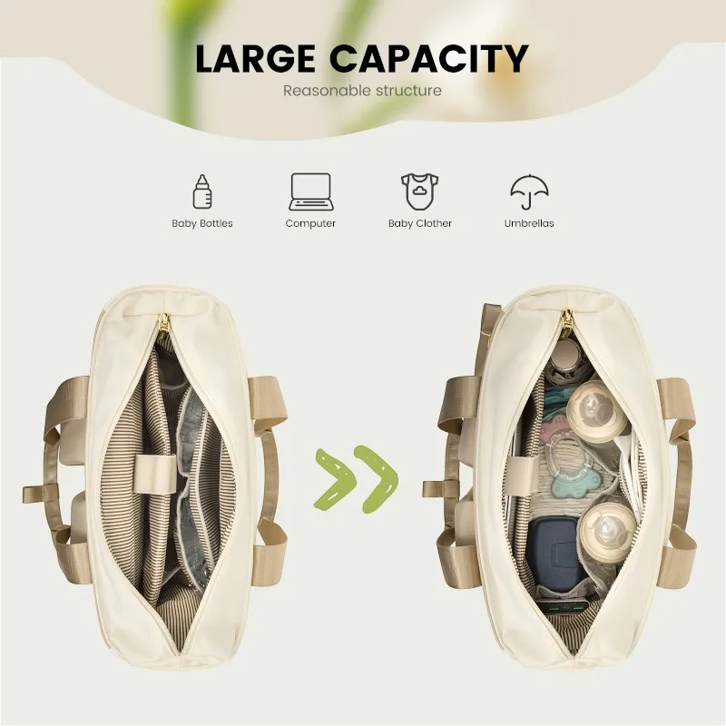 Gran capacidad del bolso maternal beige: mamaderas, ropa y pañales organizados