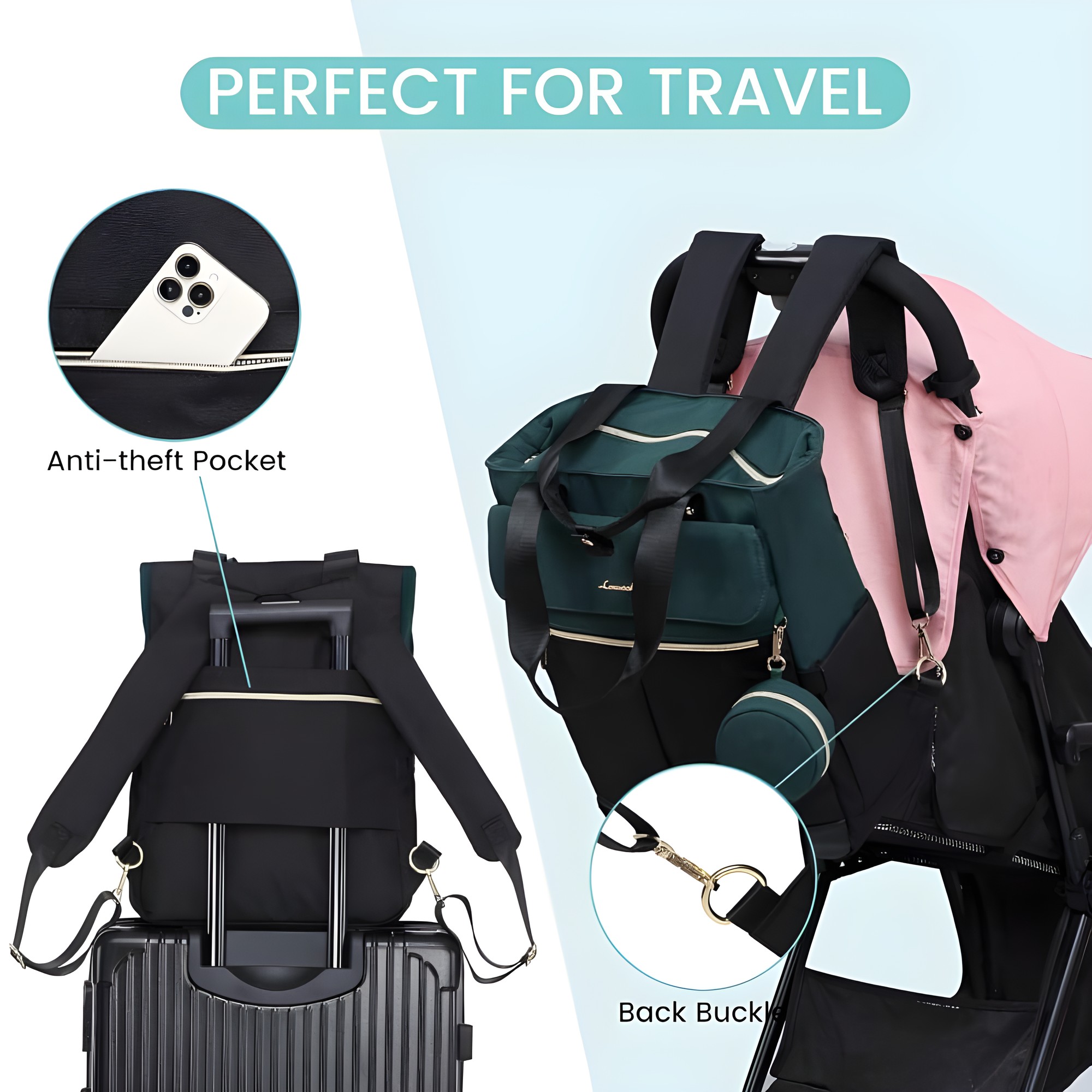 Bolso maternal 2 en 1 verde y negro, perfecto para viajar