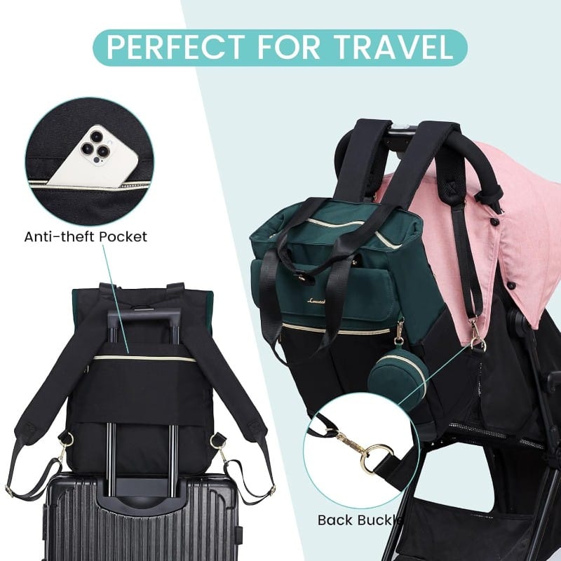 Bolso maternal 2 en 1 verde y negro, perfecto para viajar
