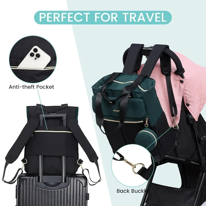 Bolso maternal 2 en 1 verde y negro, perfecto para viajar