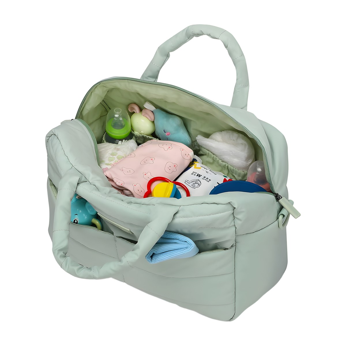 Interior amplio del bolso maternal con pañales, ropa y juguetes organizados