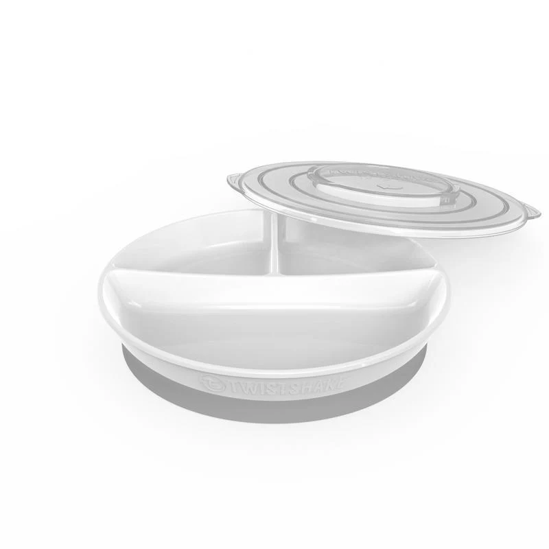 Plato Twistshake blanco con divisiones y tapa para comida de bebé