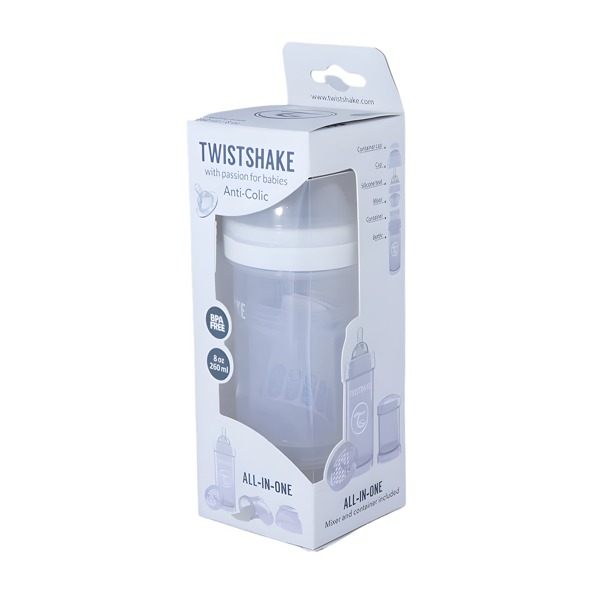 Mamadera Twistshake 260 ml con sistema TwistFlow anticólicos y cuello extra ancho
