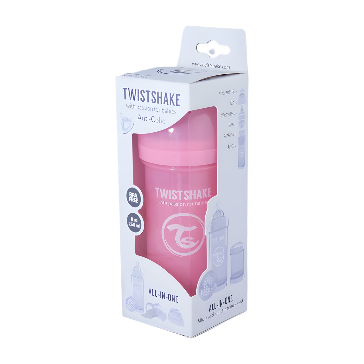 Mamadera Twistshake 260 ml con sistema TwistFlow anticólicos y cuello extra ancho
