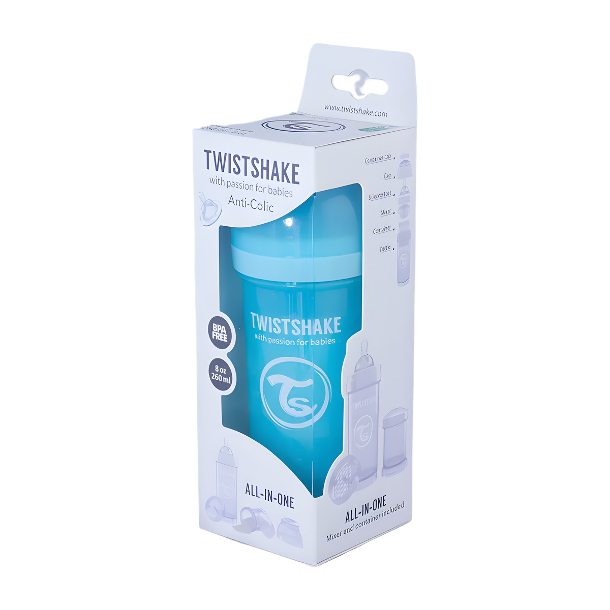 Mamadera Twistshake 260 ml con sistema TwistFlow anticólicos y cuello extra ancho