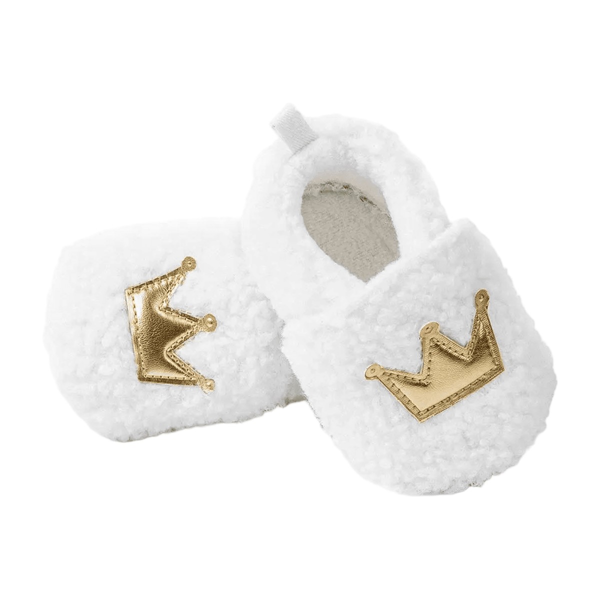 Pantuflas de bebé forro polar blanco con corona dorada