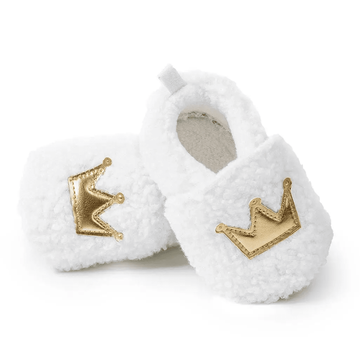 Pantuflas de bebé forro polar blanco con corona dorada