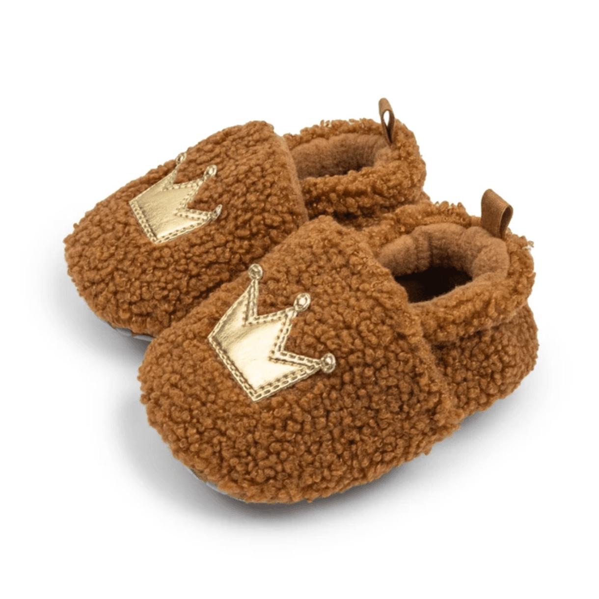 Pantuflas de bebé forro polar café con corona dorada