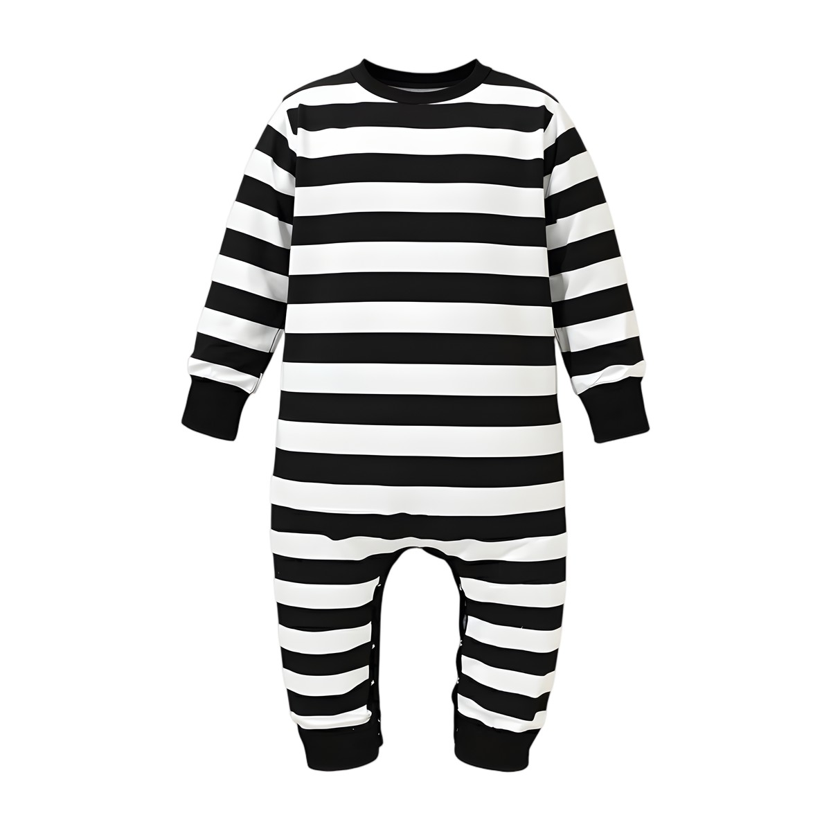 Traje de Halloween para bebé tipo enterito a rayas blanco y negro con fantasma bordado y lazo naranja.