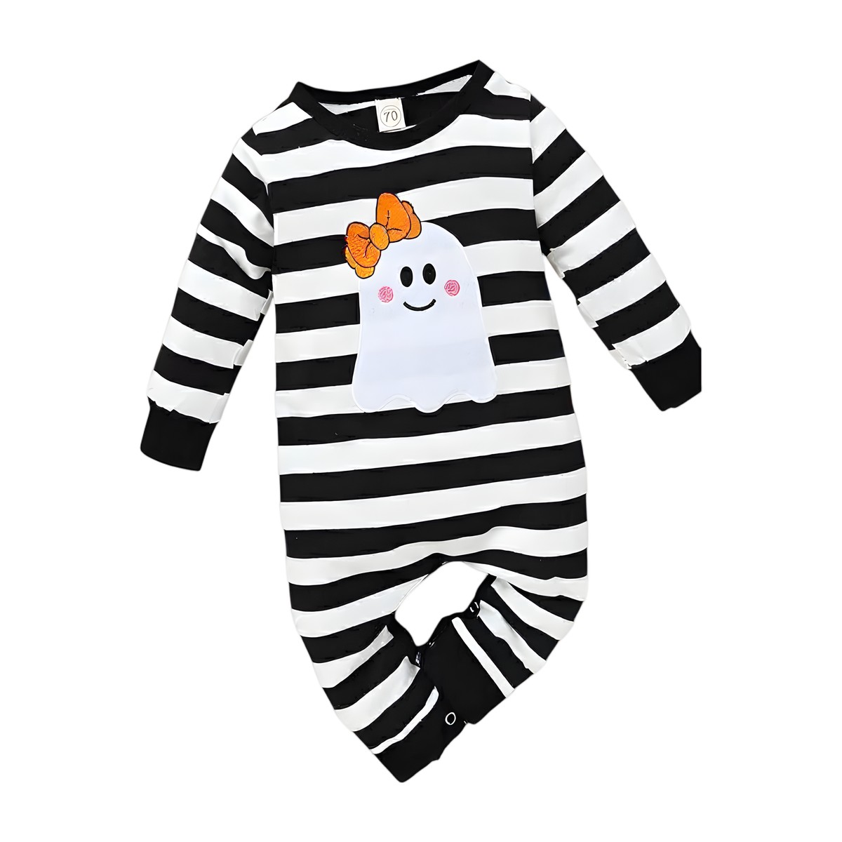 Traje de Halloween para bebé tipo enterito a rayas blanco y negro con fantasma bordado y lazo naranja.