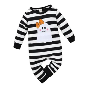 Traje de Halloween para bebé tipo enterito a rayas blanco y negro con fantasma bordado y lazo naranja.