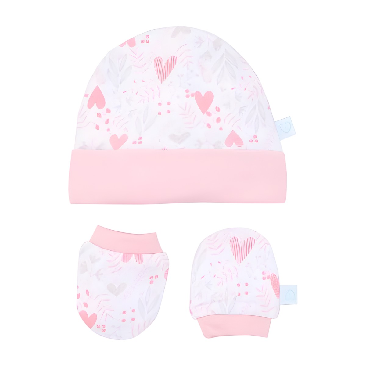 Set de gorrito y mitones para bebé niña 100% algodón interlock diseño corazones rosados