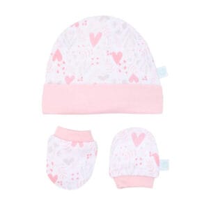 Set de gorrito y mitones para bebé niña 100% algodón interlock diseño corazones rosados