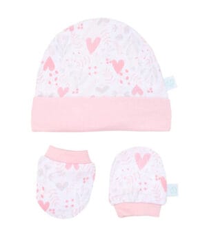 Set de gorrito y mitones para bebé niña 100% algodón interlock diseño corazones rosados