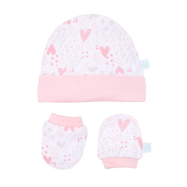 Set de gorrito y mitones para bebé niña 100% algodón interlock diseño corazones rosados