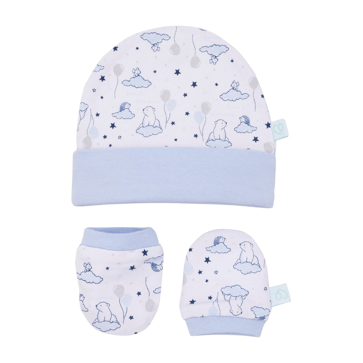 Set de gorrito y mitones para recién nacido 100% algodón interlock diseño Animales en las nubes