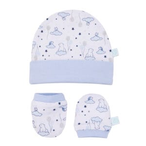 Set de gorrito y mitones para recién nacido 100% algodón interlock diseño Animales en las nubes