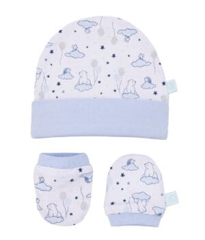 Set de gorrito y mitones para recién nacido 100% algodón interlock diseño Animales en las nubes