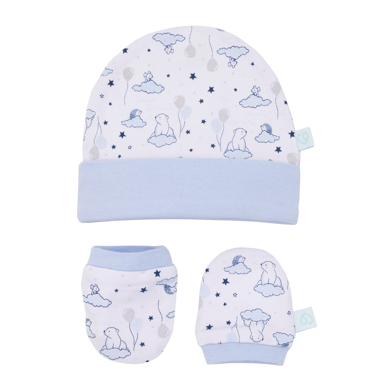 Set de gorrito y mitones para recién nacido 100% algodón interlock diseño Animales en las nubes