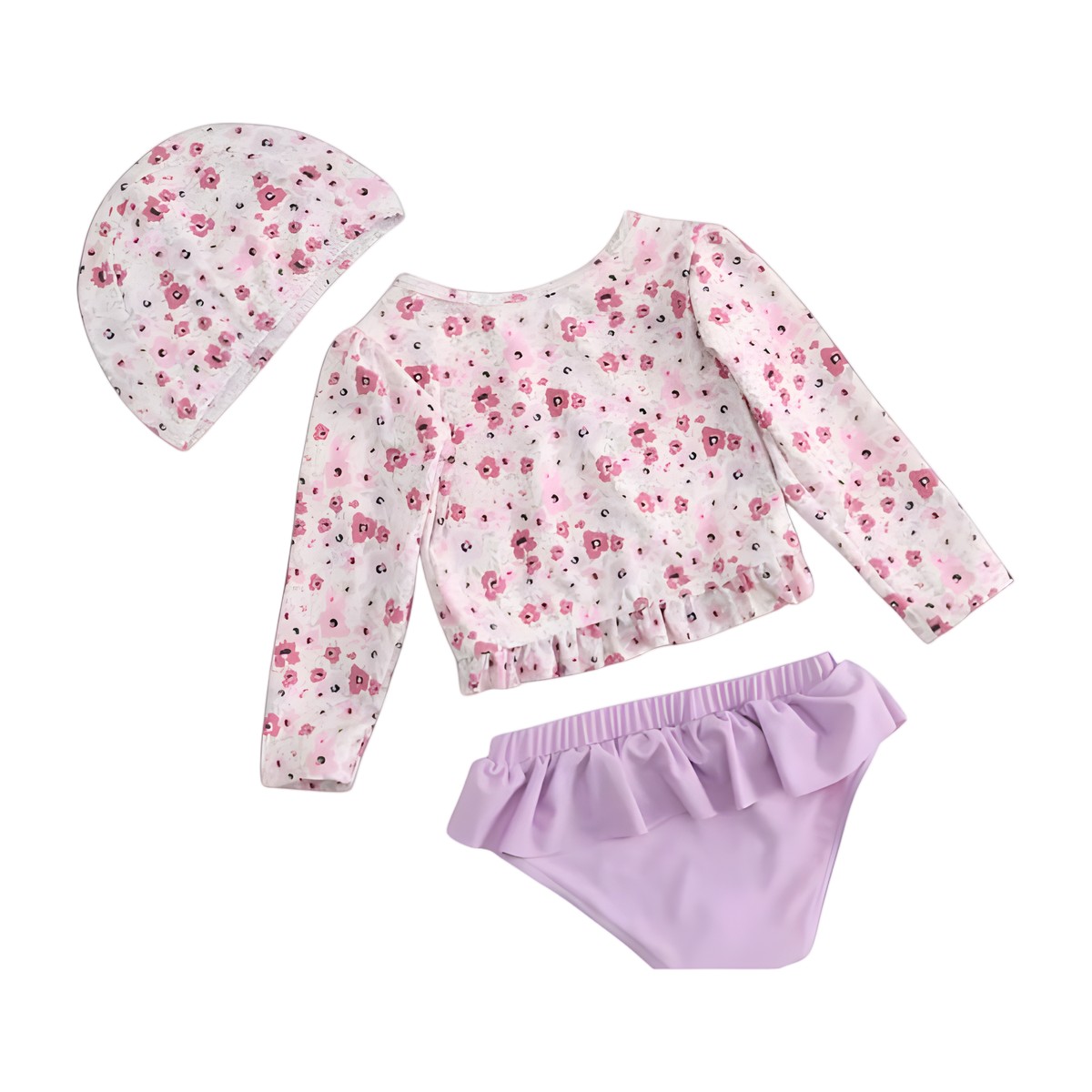 Traje de baño niña 3 piezas floral y lila con gorro