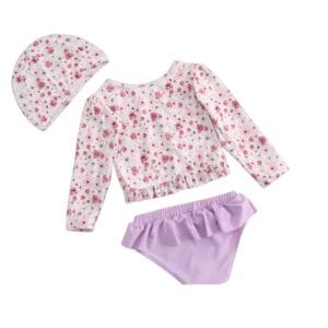 Traje de baño niña 3 piezas floral y lila con gorro