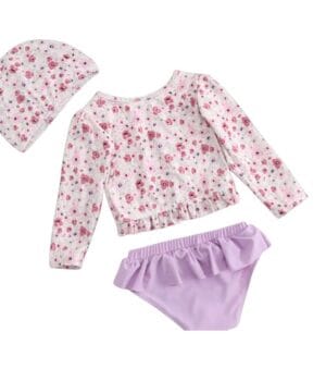 Traje de baño niña 3 piezas floral y lila con gorro