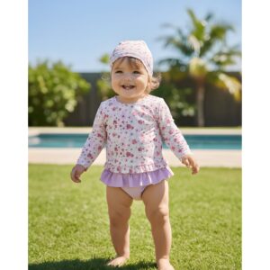 Traje de baño niña 3 piezas floral y lila con gorro