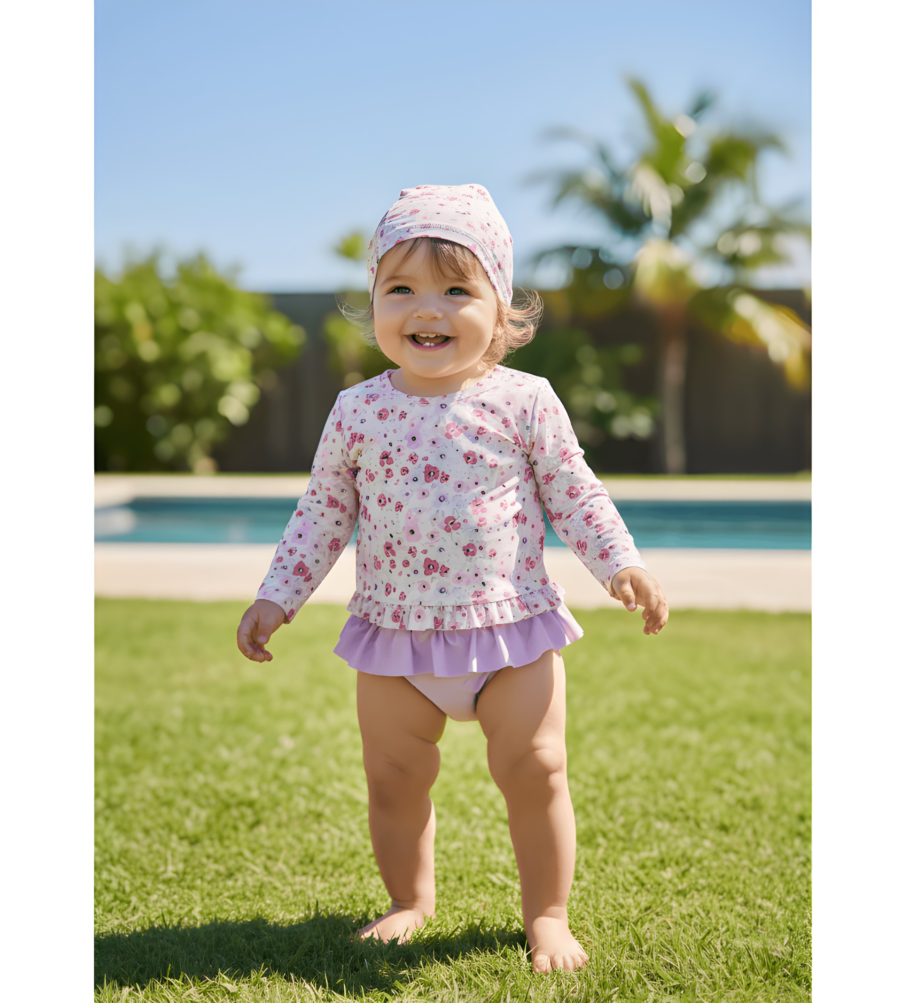 Traje de baño niña 3 piezas floral y lila con gorro