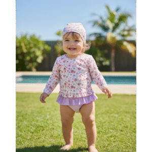 Traje de baño niña 3 piezas floral y lila con gorro