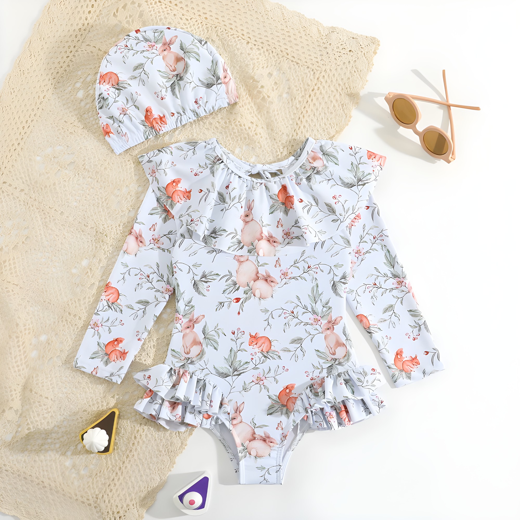 Traje de baño niña 2 piezas con diseño bosque – conejitos y ardillas