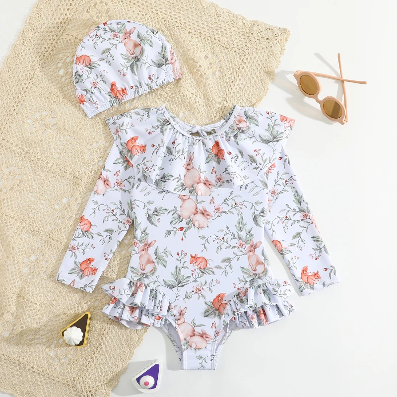 Traje de baño niña 2 piezas con diseño bosque – conejitos y ardillas