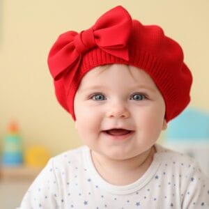 Boina para Bebé Algodón con Moño Rojo | Boina Petite Fleur