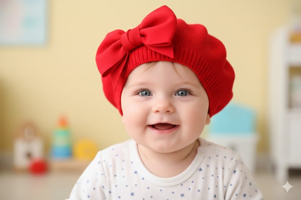 Boina para Bebé Algodón con Moño Rojo | Boina Petite Fleur