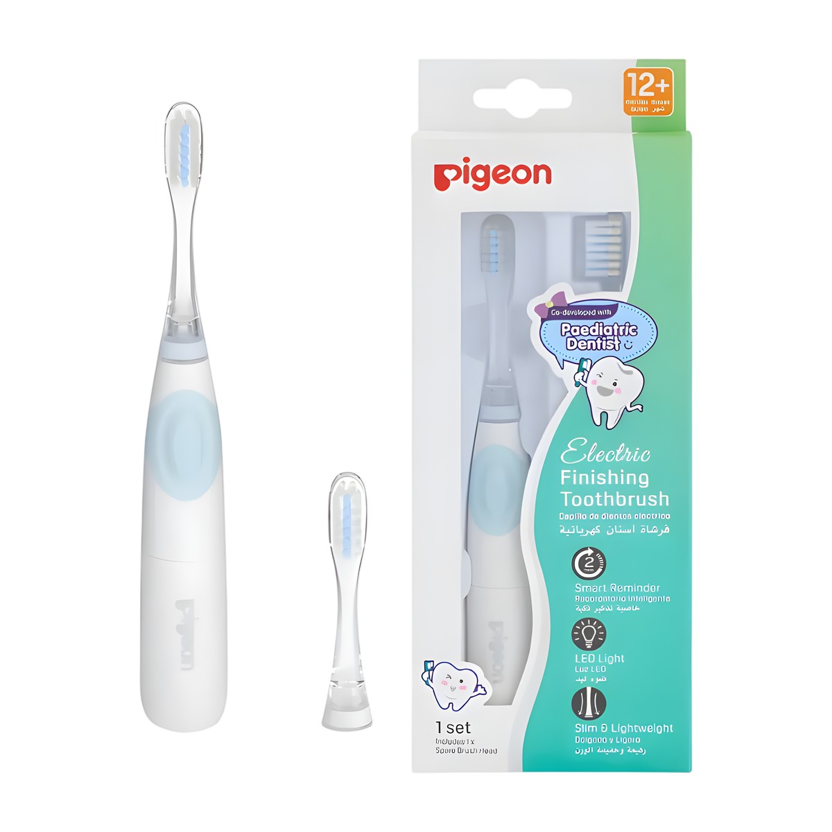 Cepillo de dientes eléctrico Pigeon para bebé de 12 meses en adelante — limpieza suave con cerdas delicadas y 2 modos de vibración