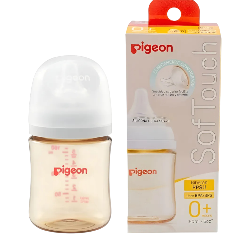 Mamadera Pigeon Softouch PPSU 160 ml anticólicos con tetina de silicona flujo lento y caja original.