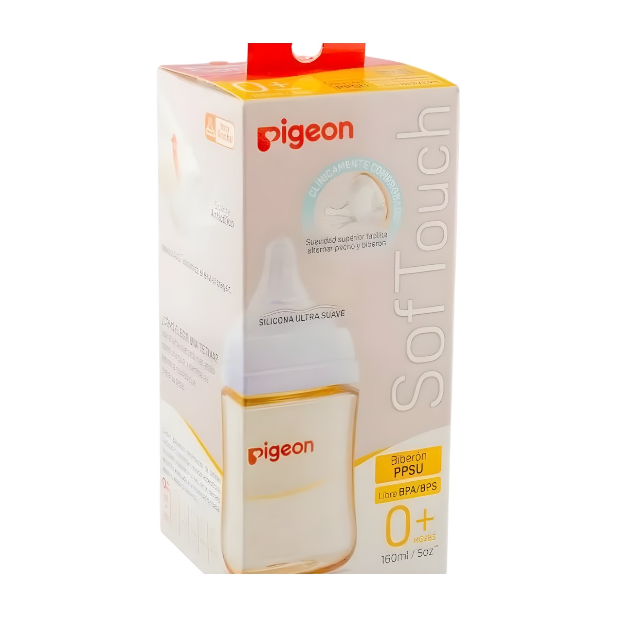 Mamadera Pigeon Softouch PPSU 160 ml con sistema anticólicos y enganche natural.