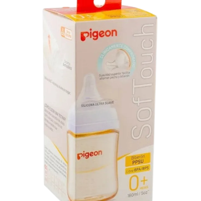Mamadera Pigeon Softouch PPSU 160 ml con sistema anticólicos y enganche natural.