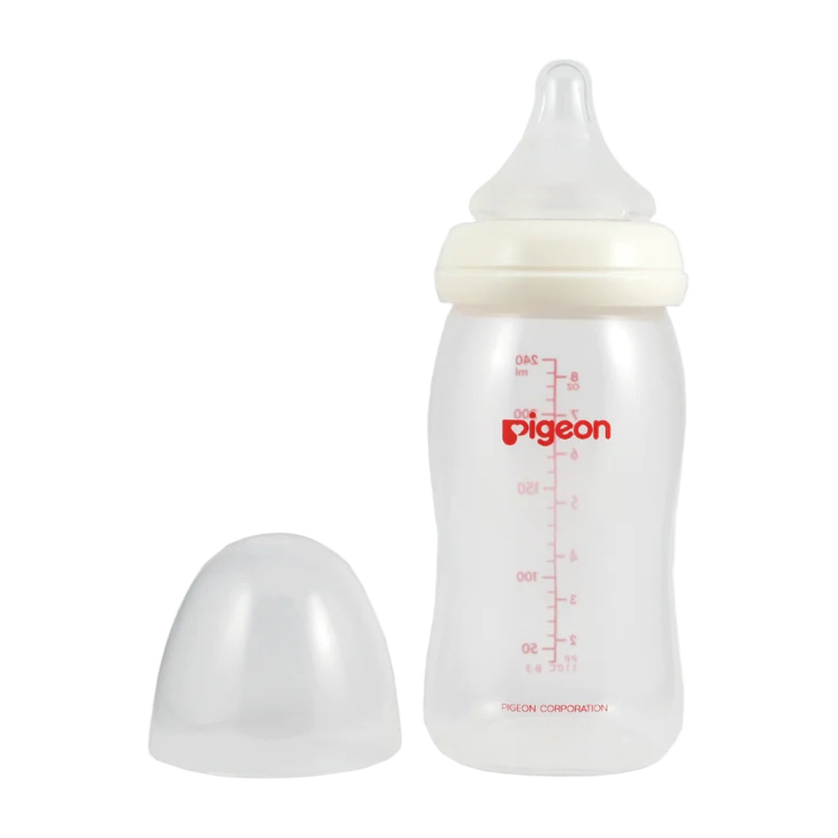 Mamadera Pigeon Soft Touch 240 ml boca ancha con tetina peristáltica flujo medio y sistema anticólicos.