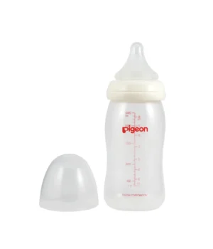 Mamadera Pigeon Soft Touch 240 ml boca ancha con tetina peristáltica flujo medio y sistema anticólicos.